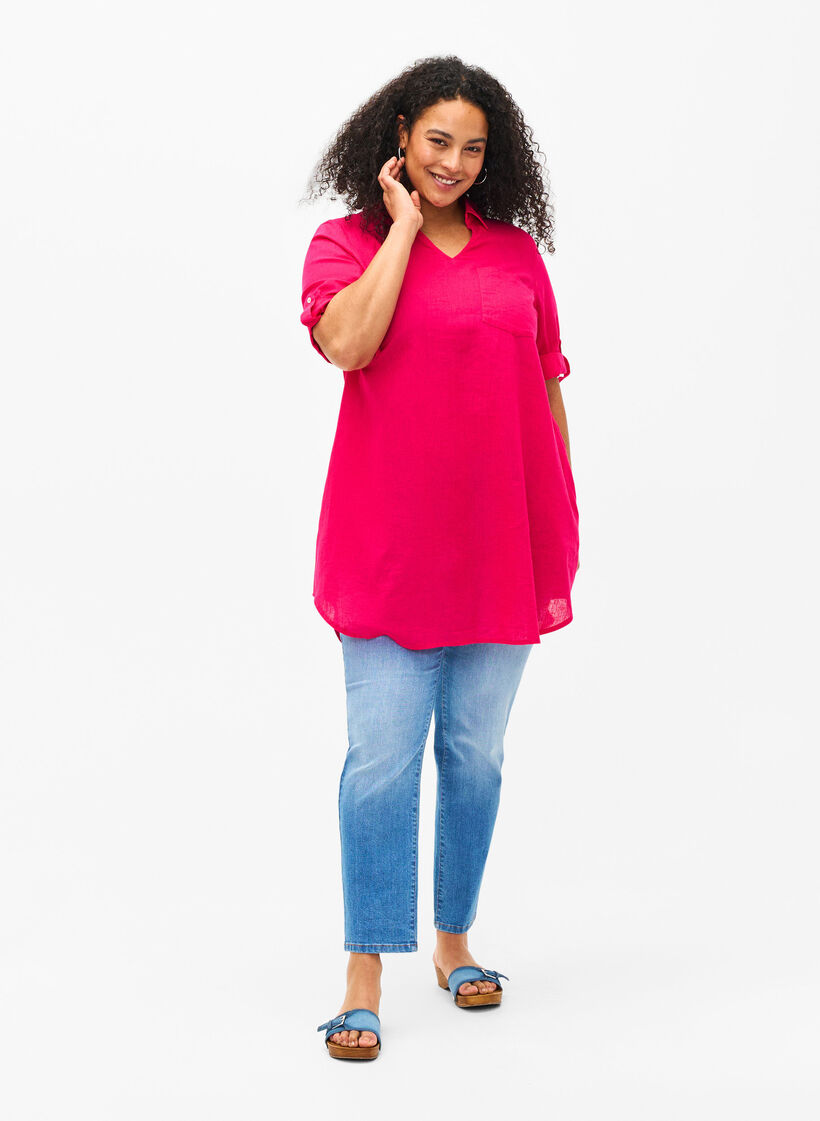 Short-sleeved cotton blend tunic with linen, Bright Rose, Model image number 2