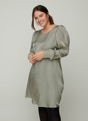Shiny dress with long puff sleeves, Green As Sample, Model image number 0