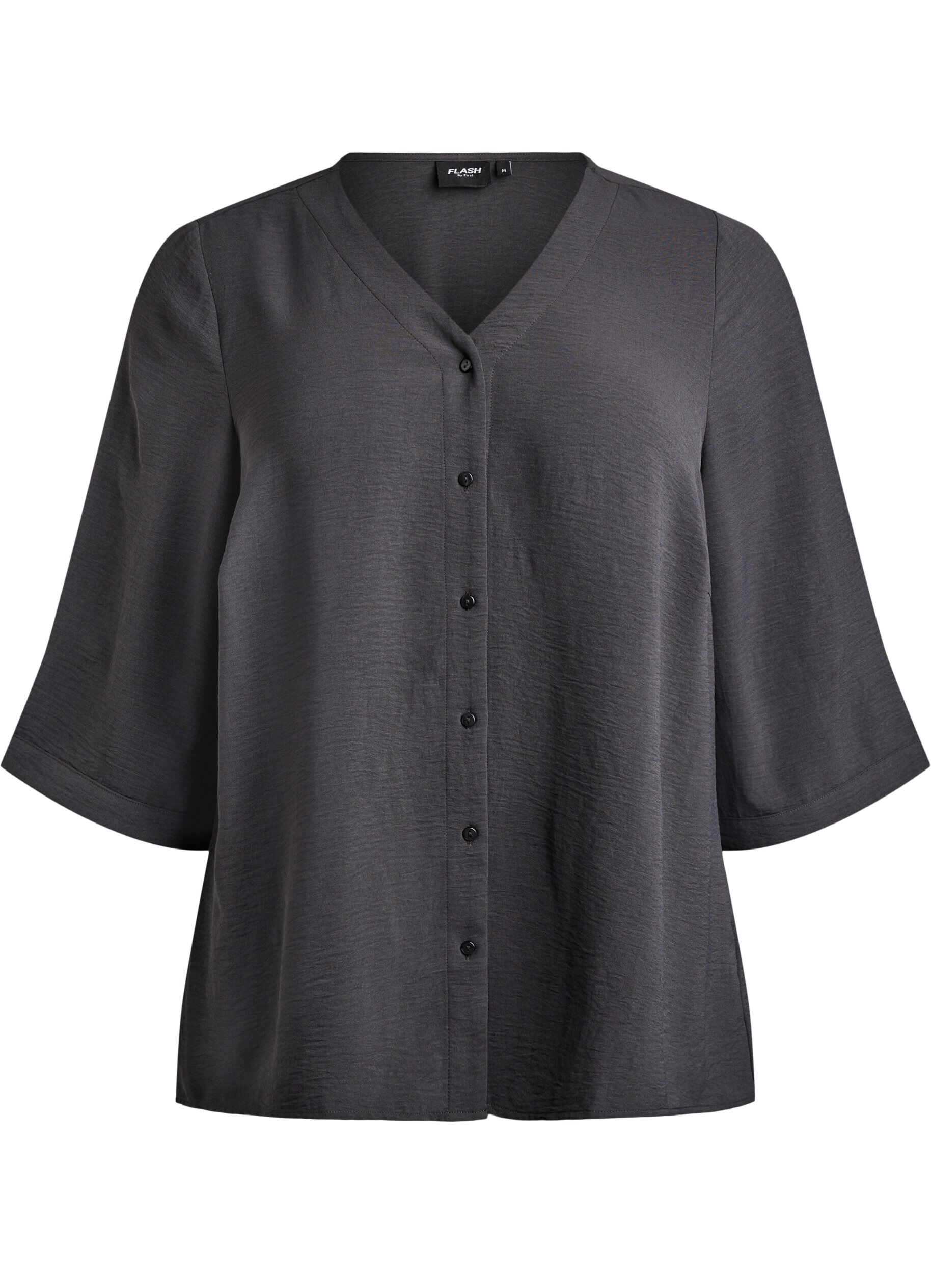 Zizzifashion Shirt blouse with V-neck and 3/4 sleeves, Dark Grey, Packshot image number 0