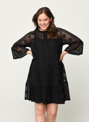 Short lace dress with buttons, Black, Model image number 0
