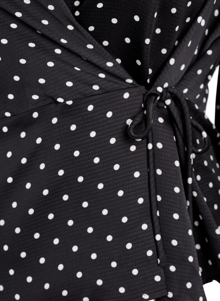 Polka dot blouse with tie-fastening and 3/4-sleeves, Black, Packshot image number 3