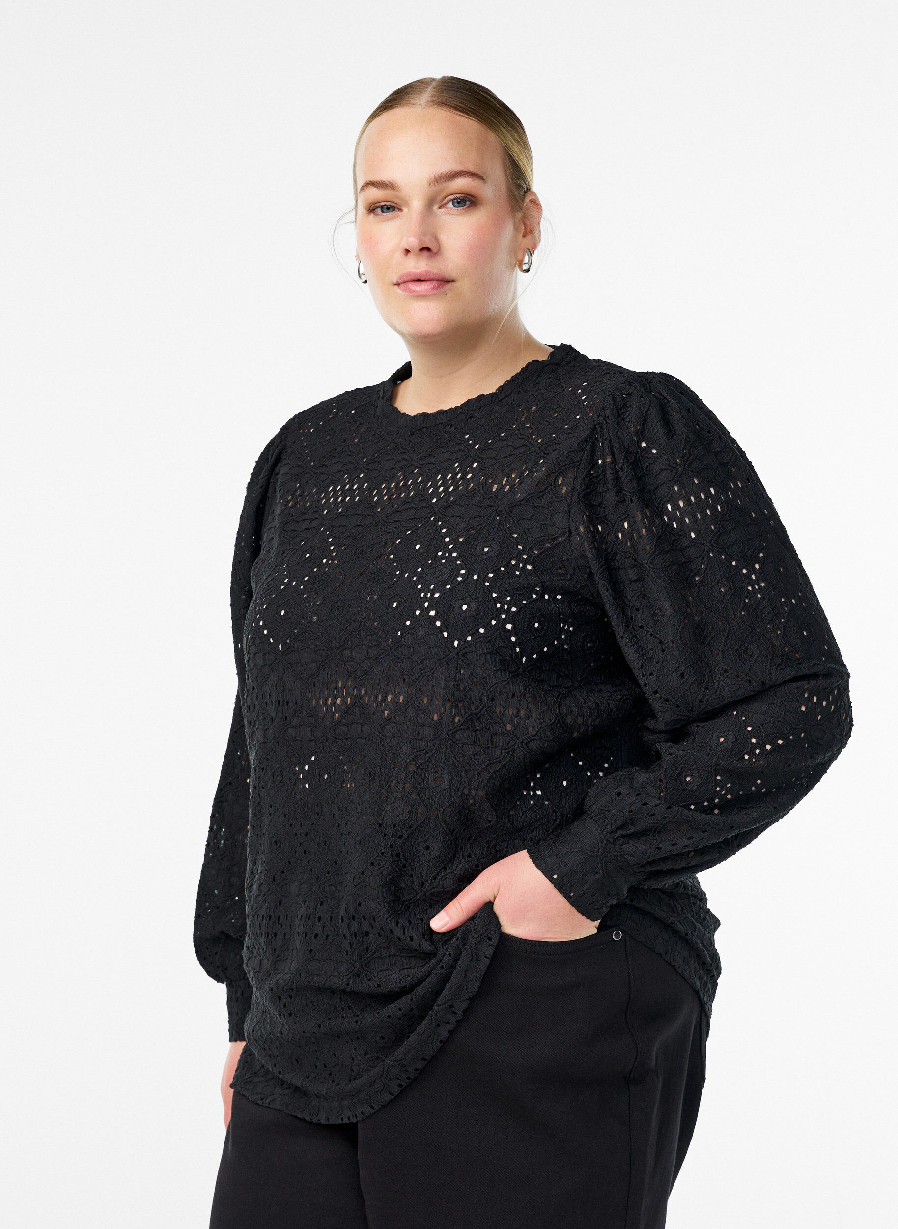 Long-sleeved blouse with eyelet embroidery, Black, Model