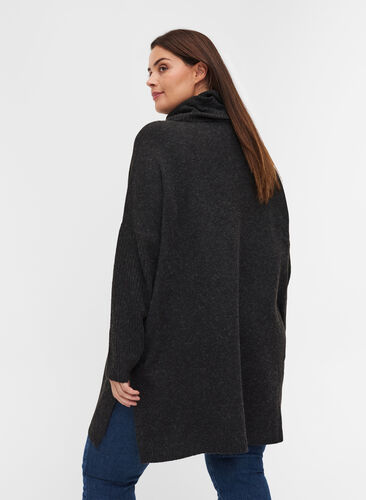 Marled, roll neck knitted poncho with slits, Black, Model image number 1