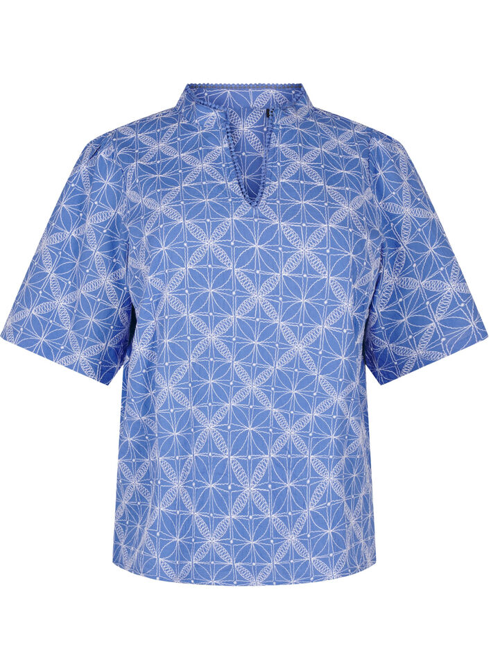 Blouse with short sleeves and embroidered pattern, Blue, Packshot image number 0