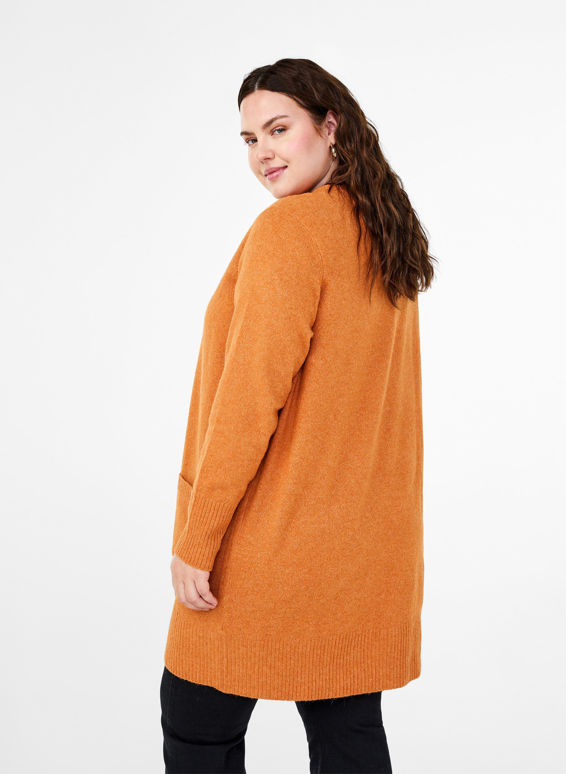 Zizzifashion Ribbed Knit Cardigan with Pockets, Orange, Model image number 2