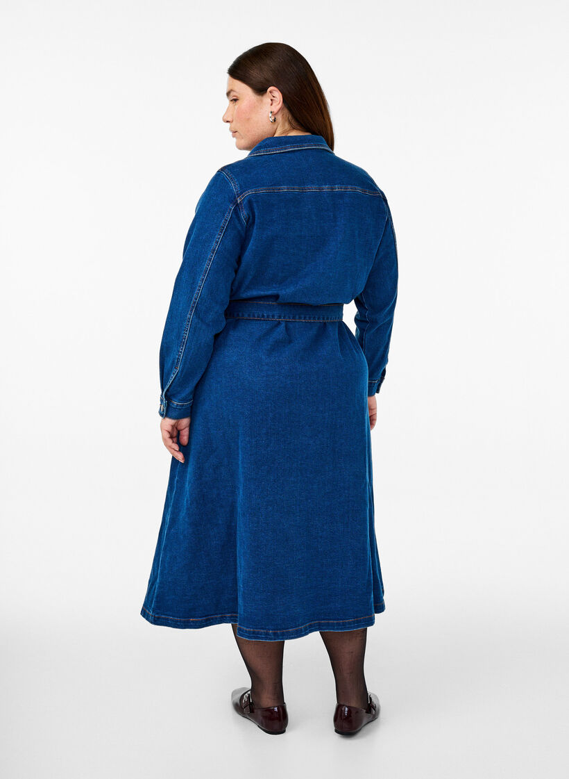 Midi shirt dress in denim with belt, Dark Blue Denim, Model image number 1