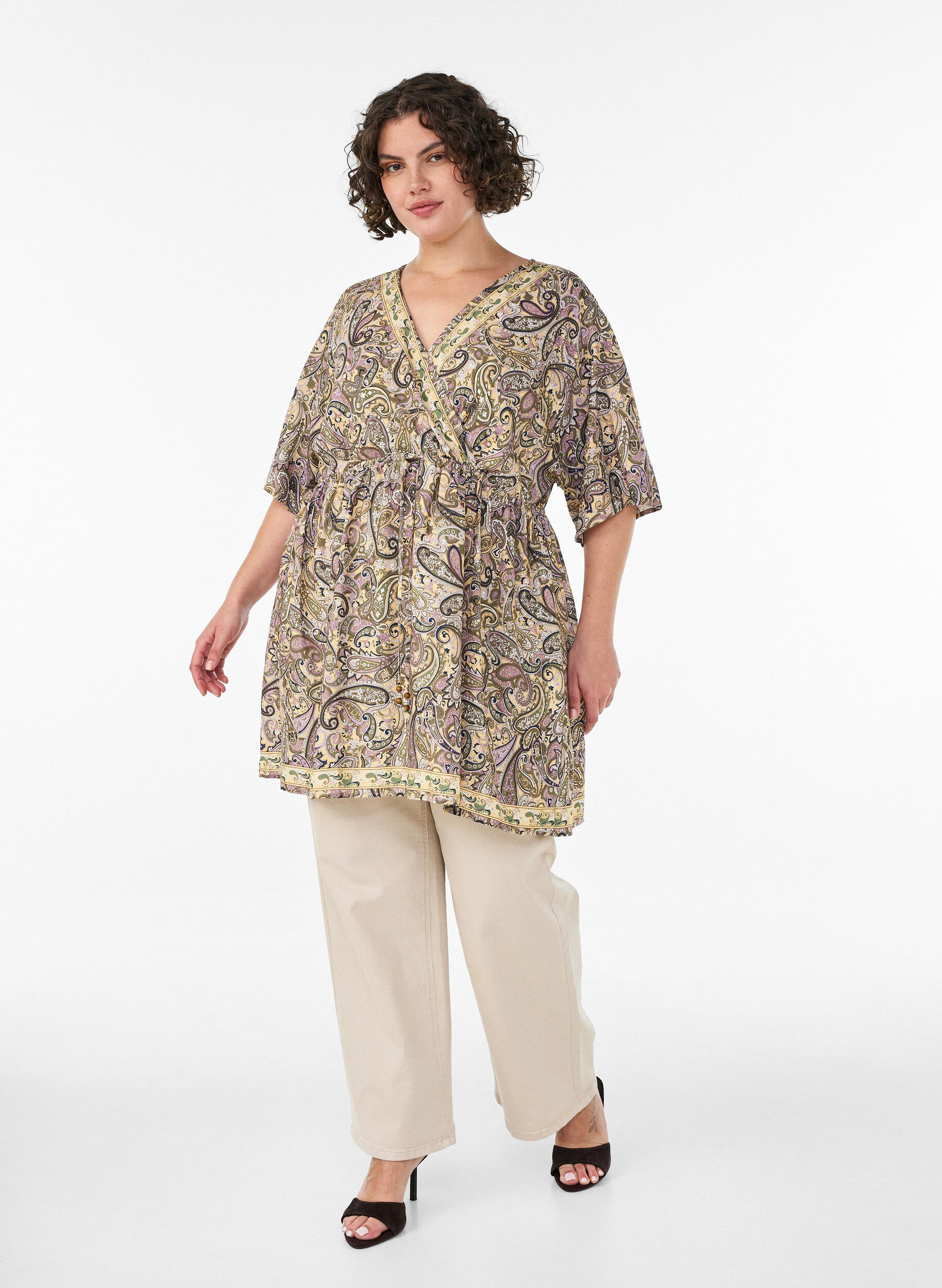 Zizzifashion Viscose tunic with paisley print and tie-string, Yellow, Model image number 1