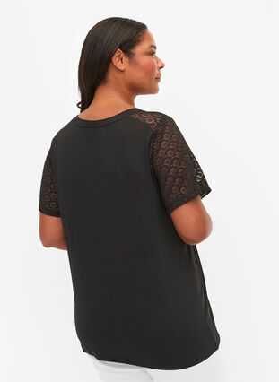 T-shirt with lace sleeves, Black, Model image number 1