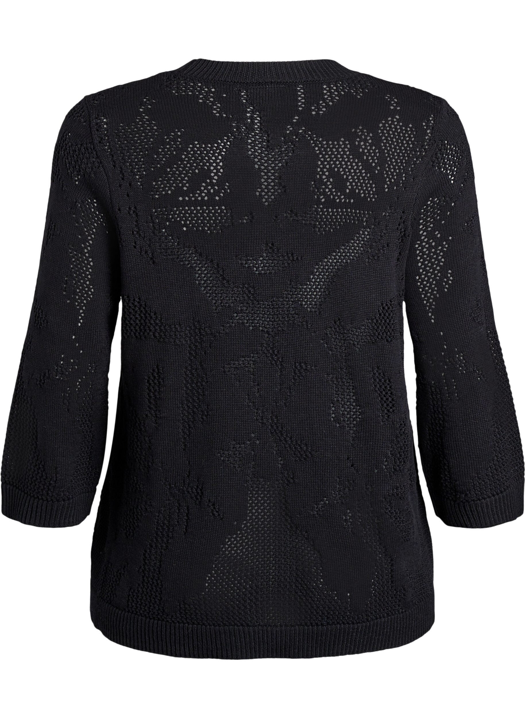 Zizzifashion Knit blouse with an openwork pattern and 3/4 sleeves, Black, Packshot image number 1