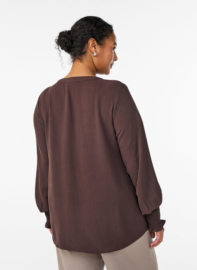 Blouse with smock cuffs and V-neck, Brown, Model image number 2