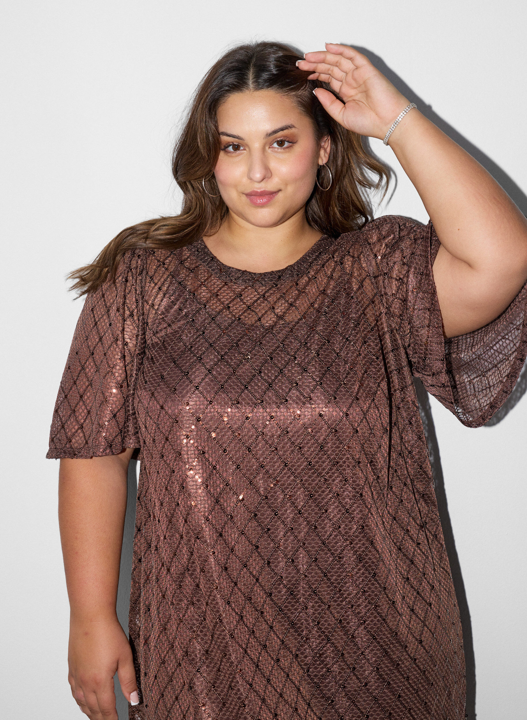 ZizzifashionShort sequin dress with a diamond pattern, Brown, Model image number 3