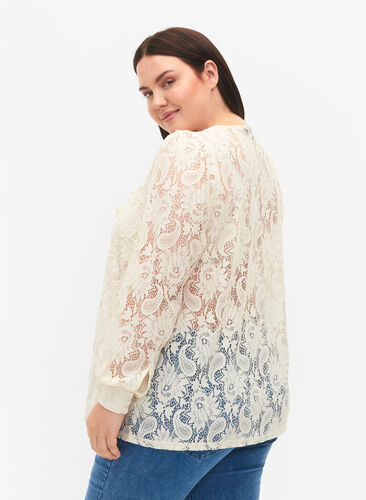 Lace top with frill detail, Off White, Model image number 1