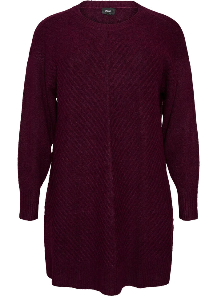 Short knitted dress with a V-shaped textured pattern, Red, Packshot image number 0