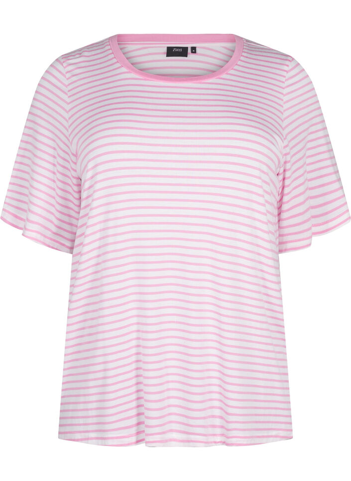 Striped T-shirt in lyocell with round neck, Red, Packshot image number 0