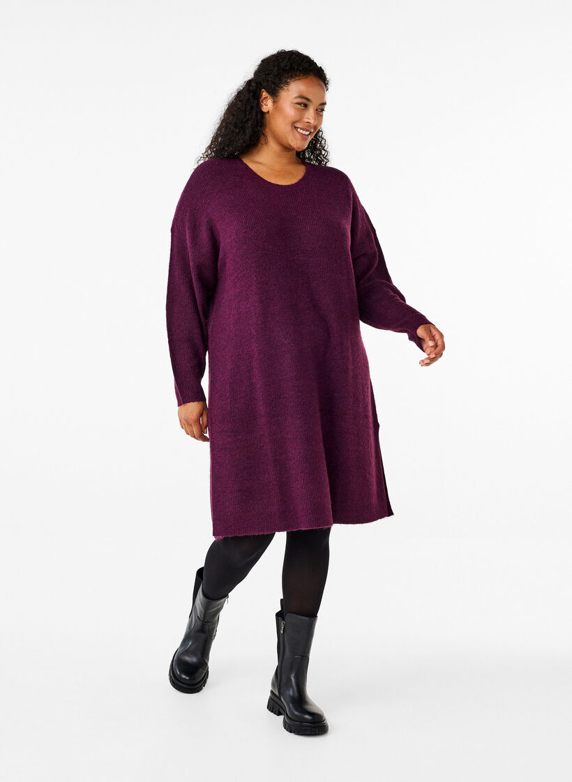 Long sleeved rib knit dress, Potent Purple Mel., Model image number 2