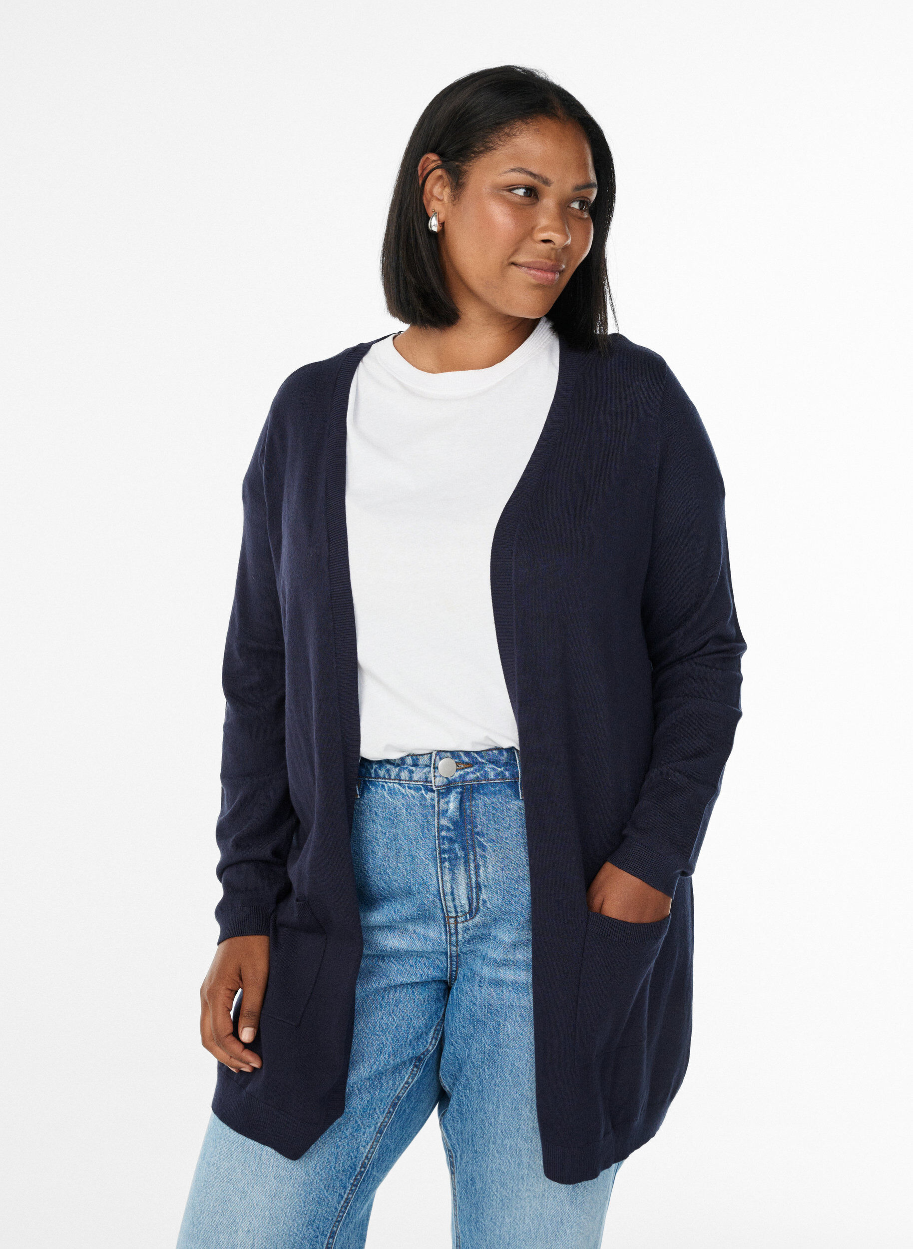 Long knitted cardigan in a viscose blend, Blue, Model