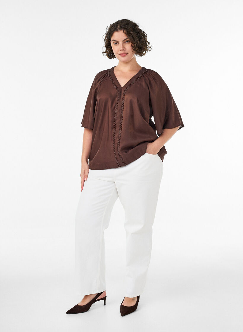 Viscose blouse with V-neck and decorative details, Brown, Model image number 1