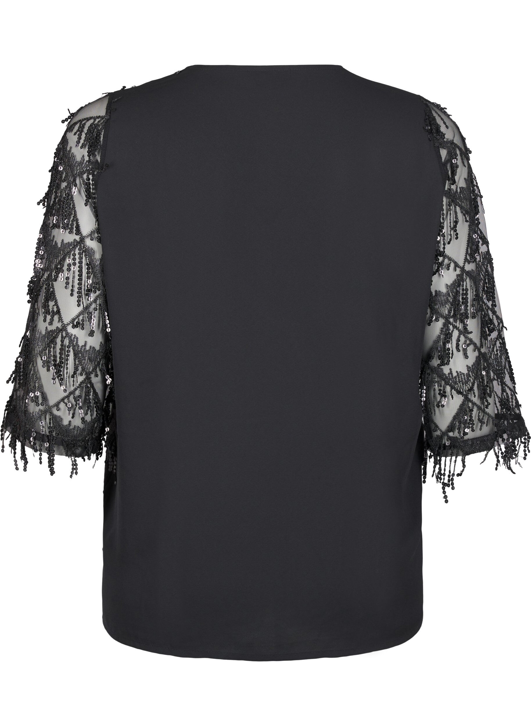 Zizzifashion Party blouse with sequin fringes and 3/4 sleeves, Black, Packshot image number 1