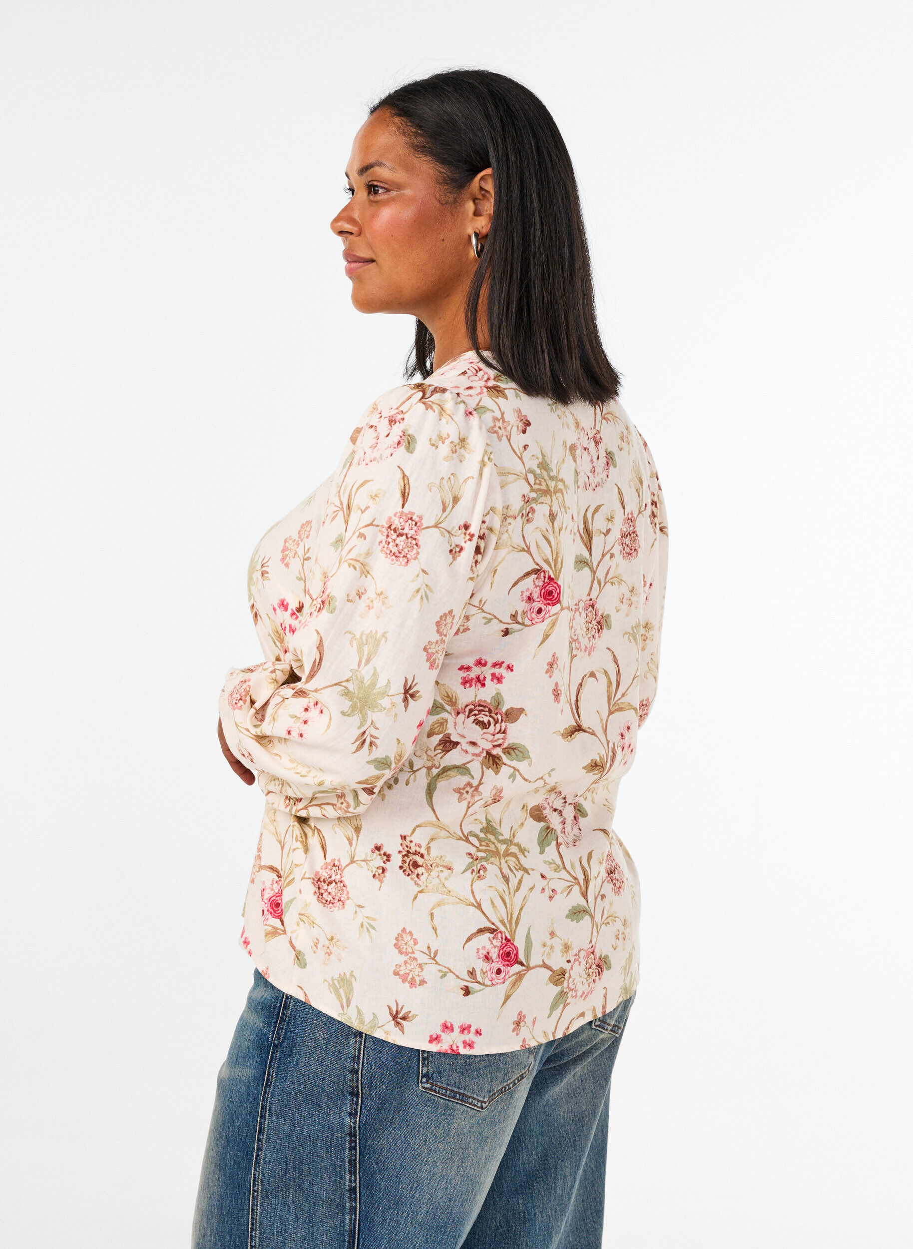ZizzifashionFloral blouse in linen and viscose with long sleeves, Vanilla, Model image number 2