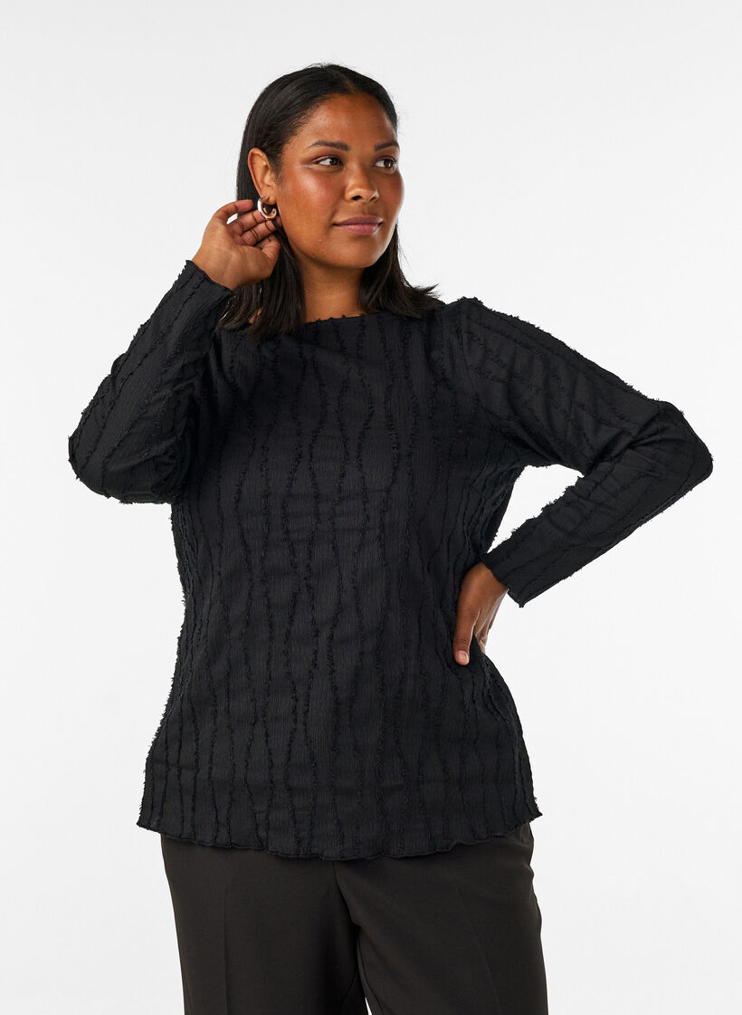 Jersey blouse with a wavy texture, Black, Model image number 0