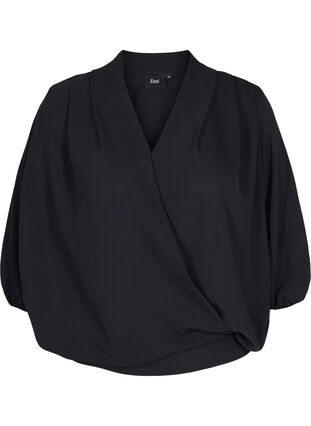 Wrap look blouse with v-neck and 3/4 sleeves, Black, Packshot image number 0