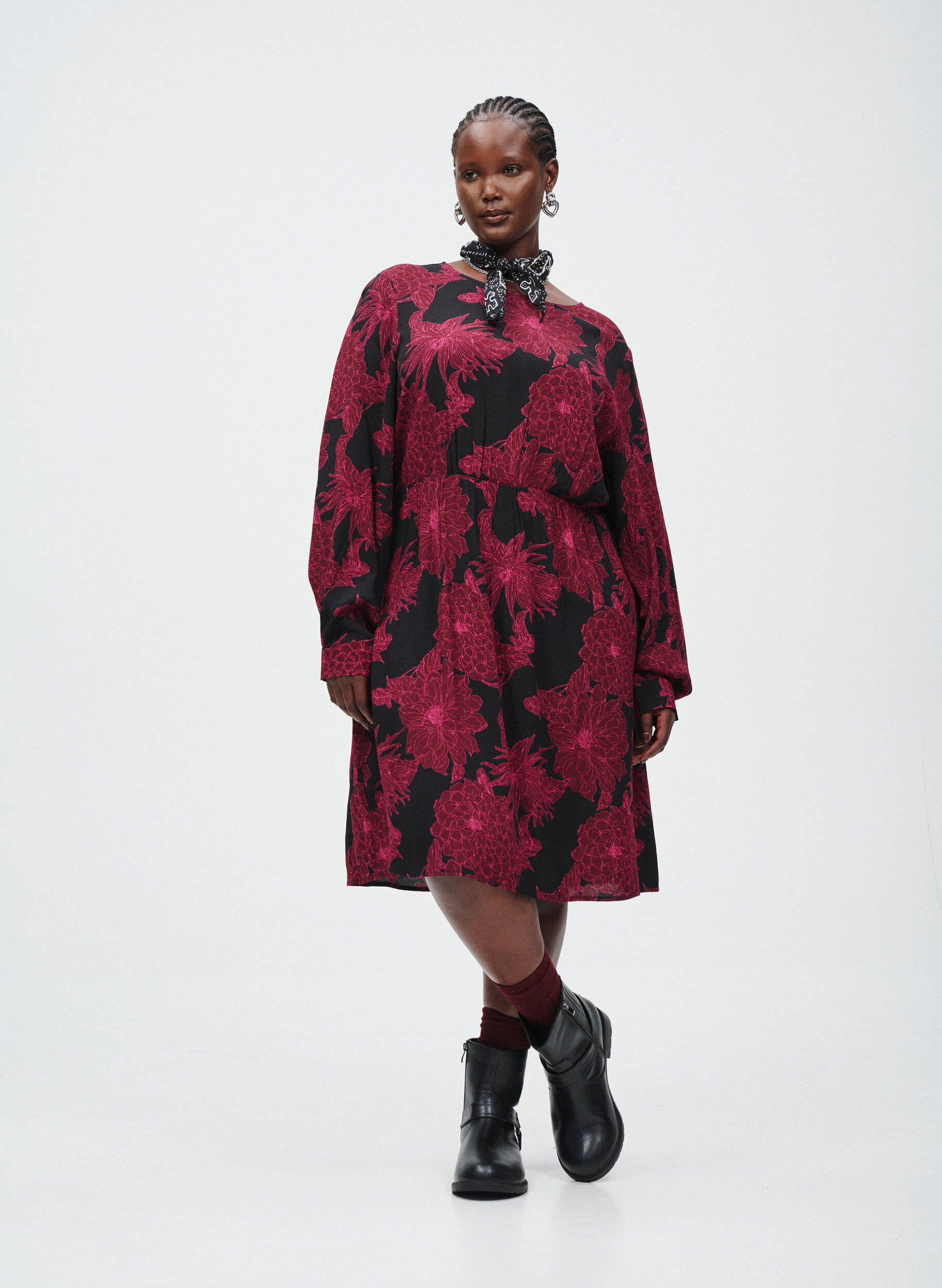 Zizzifashion Viscose dress with print and long sleeves, Dark Bordeaux, Image image number 0