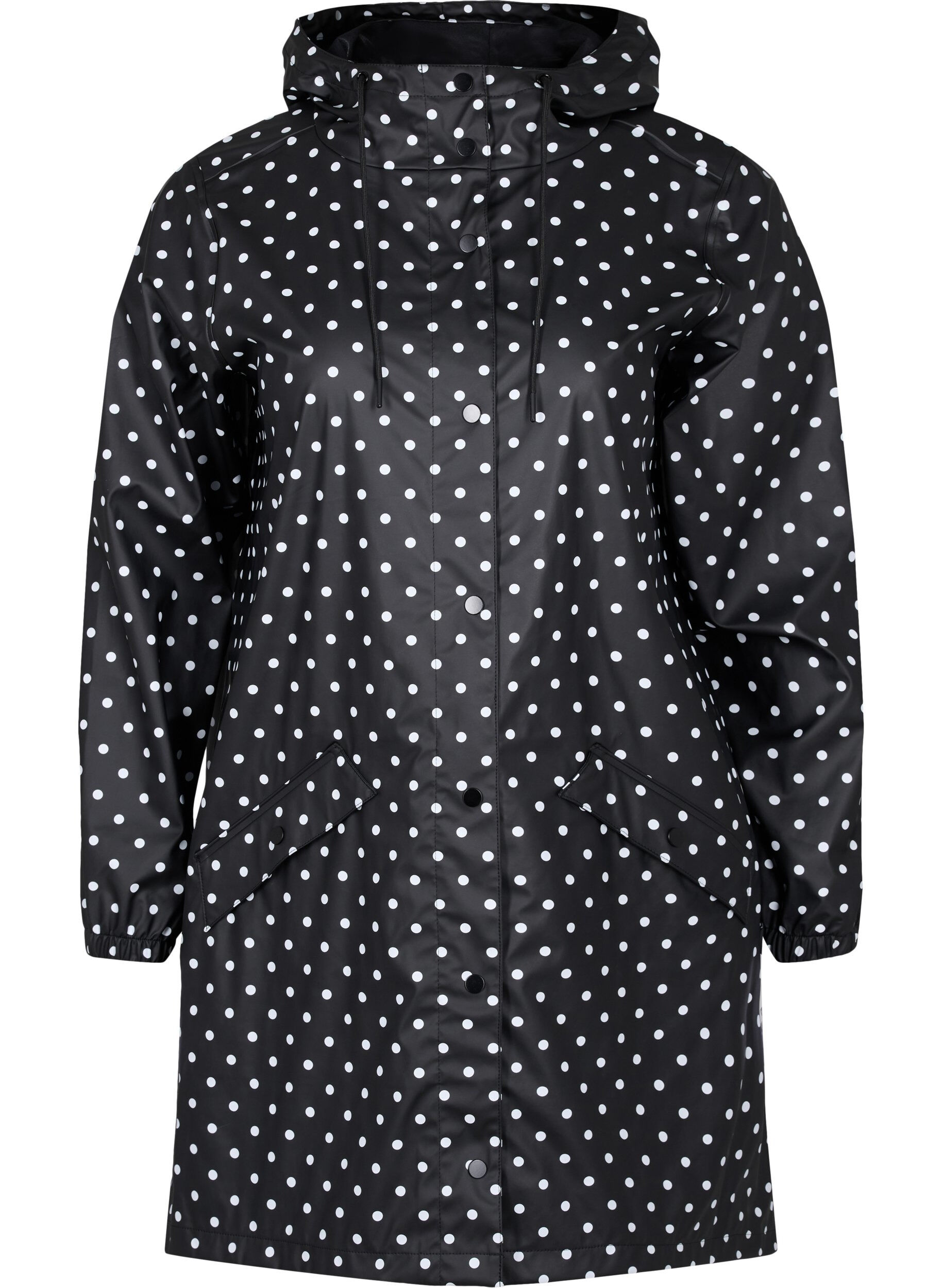 Zizzifashion Hooded polka dot rain jacket, Black W/White Dot, Packshot image number 0