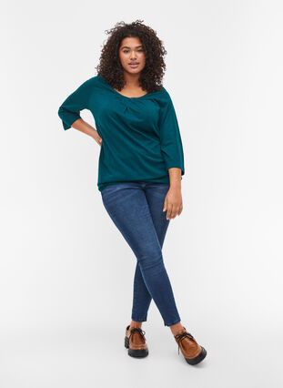 Solid-coloured, 3/4-sleeves cotton blouse, Deep Teal, Model image number 2
