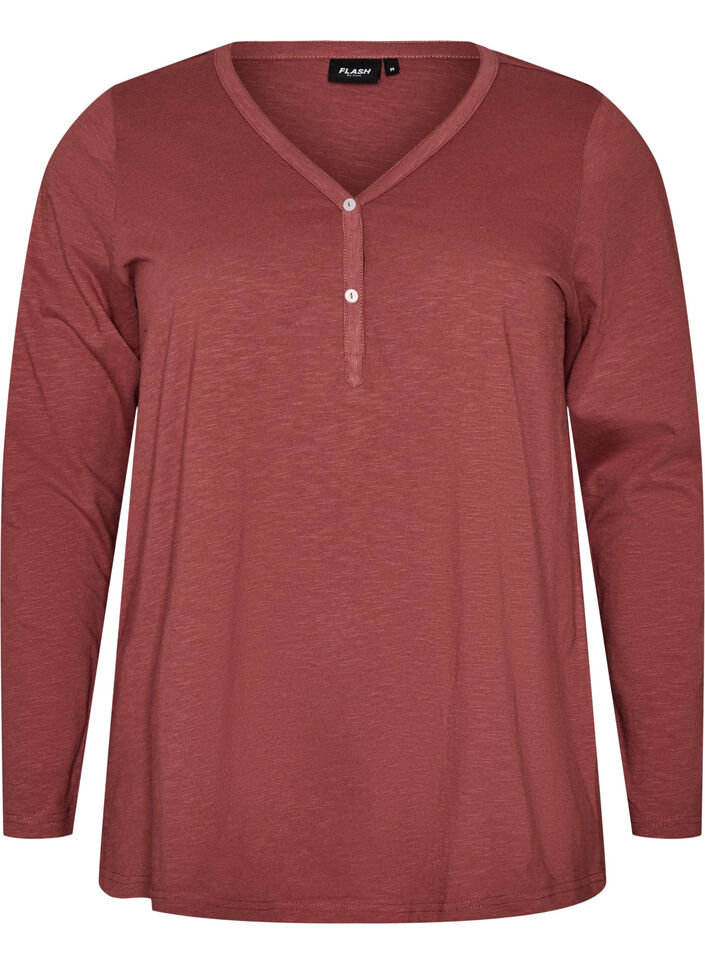 Long-sleeved t-shirt with V-neck and buttons, Brown, Packshot image number 0
