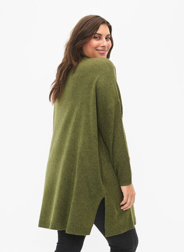 Melange knit sweater with slit, W. Moss/Black Mel., Model image number 1