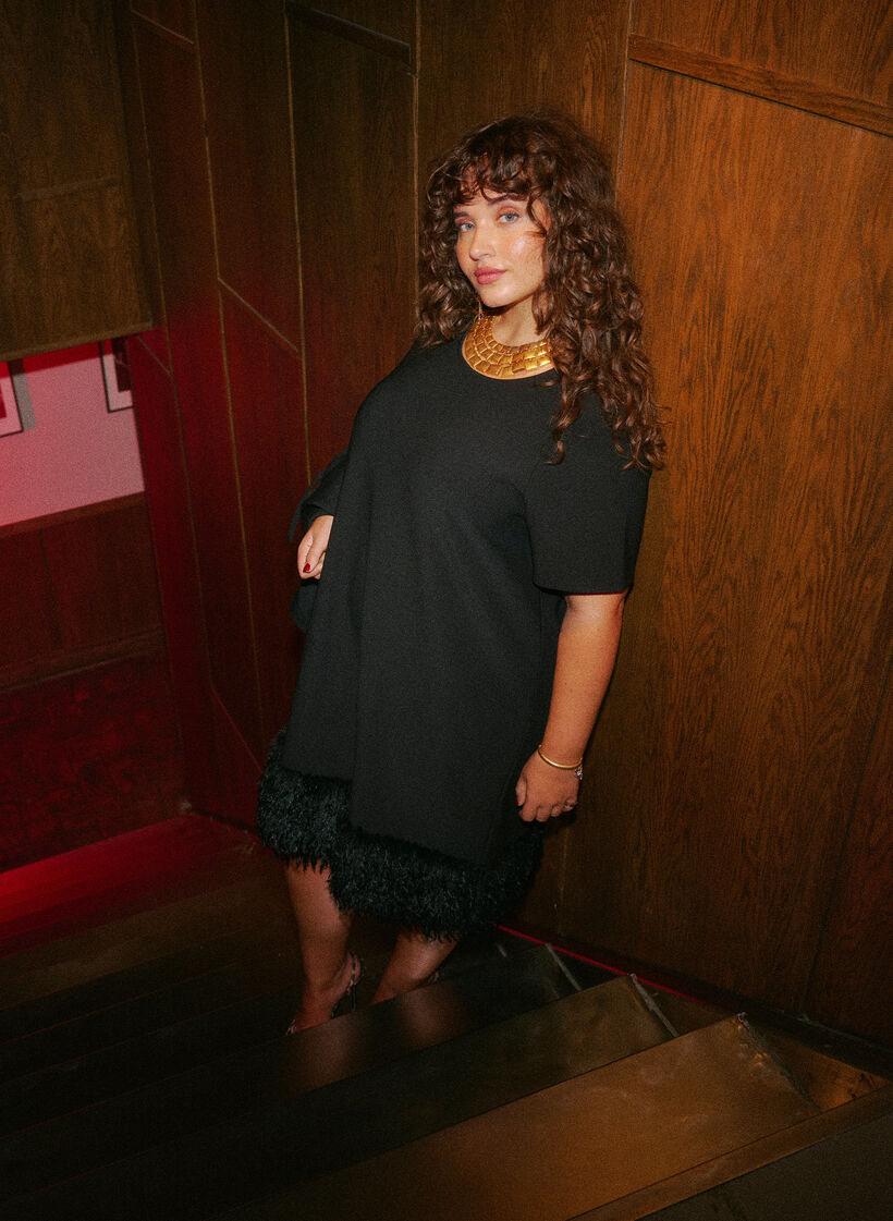 Short jersey dress with feather trim, Black, Image image number 0