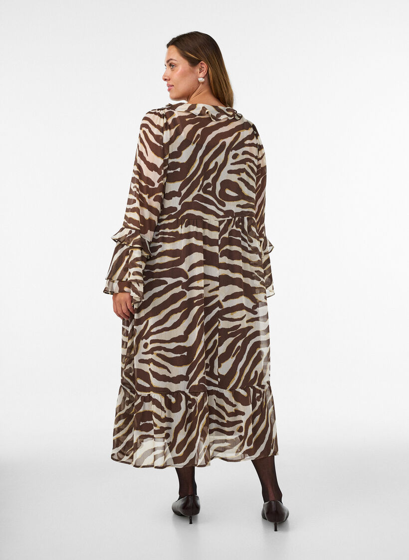 Midi dress with ruffle details and V-neck, Brown, Model image number 1