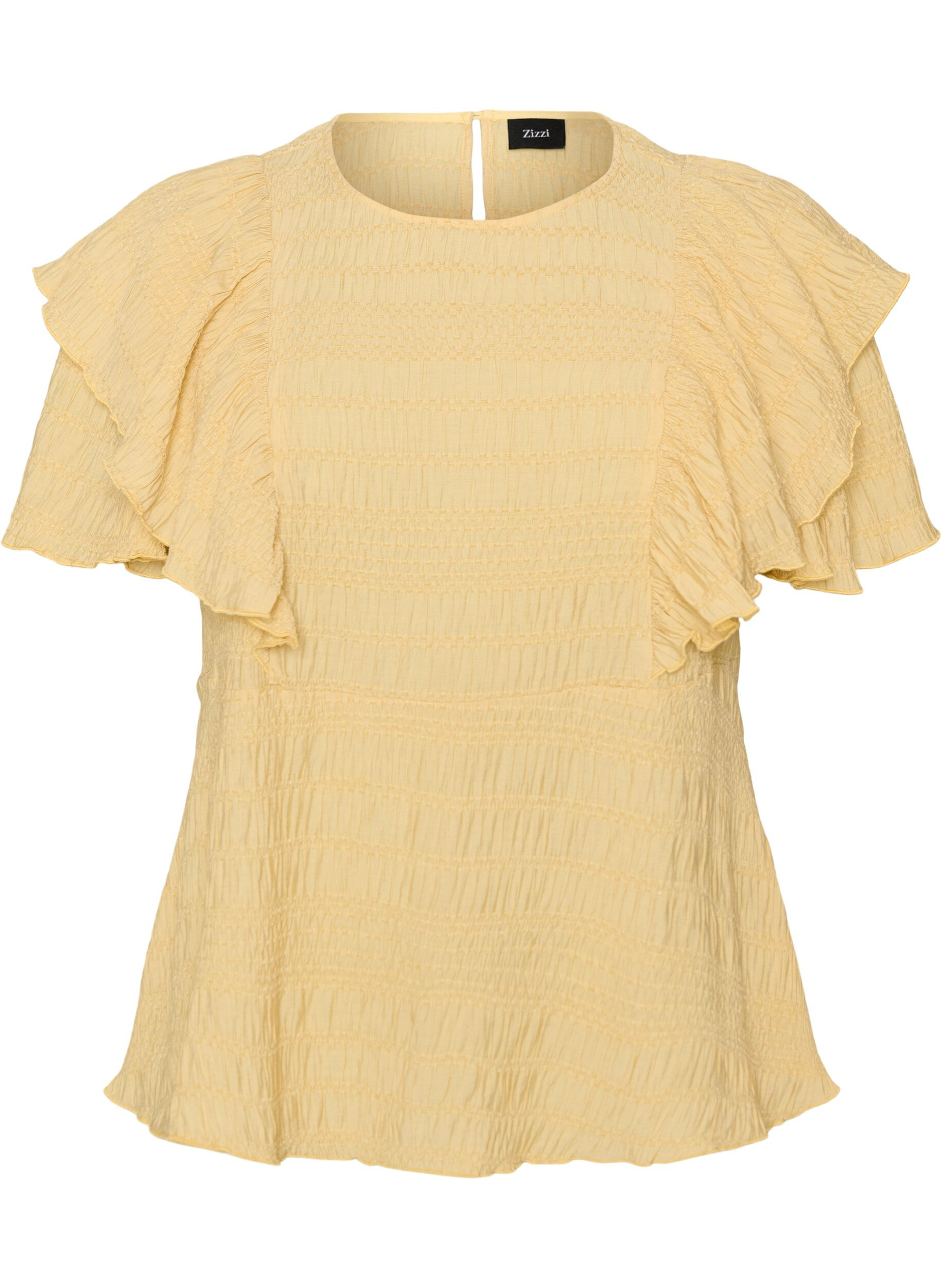 Zizzifashion Blouse with smocked texture and ruffle sleeves, Yellow, Packshot image number 0