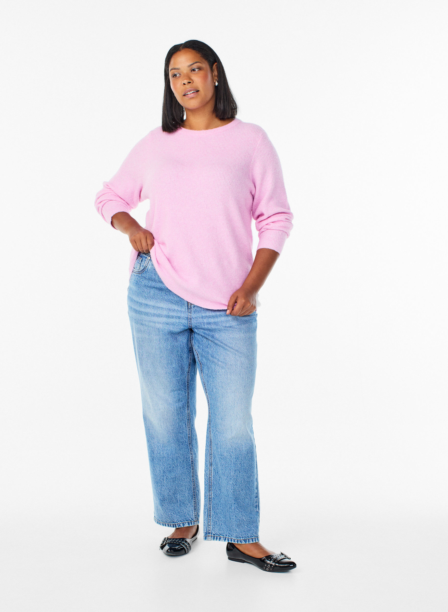 ZizzifashionMelange knit blouse with round neck, Pink, Model image number 1