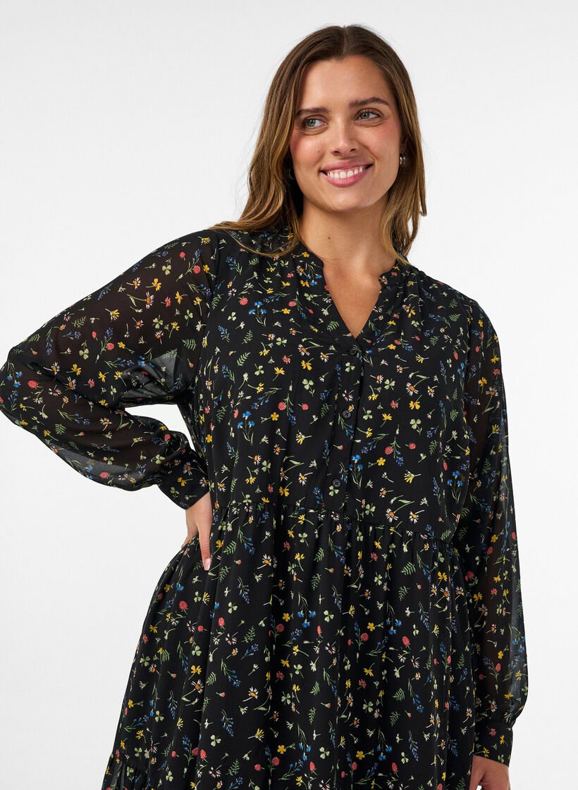 Dress with all-over print and a ruffle layer, Black, Model image number 2