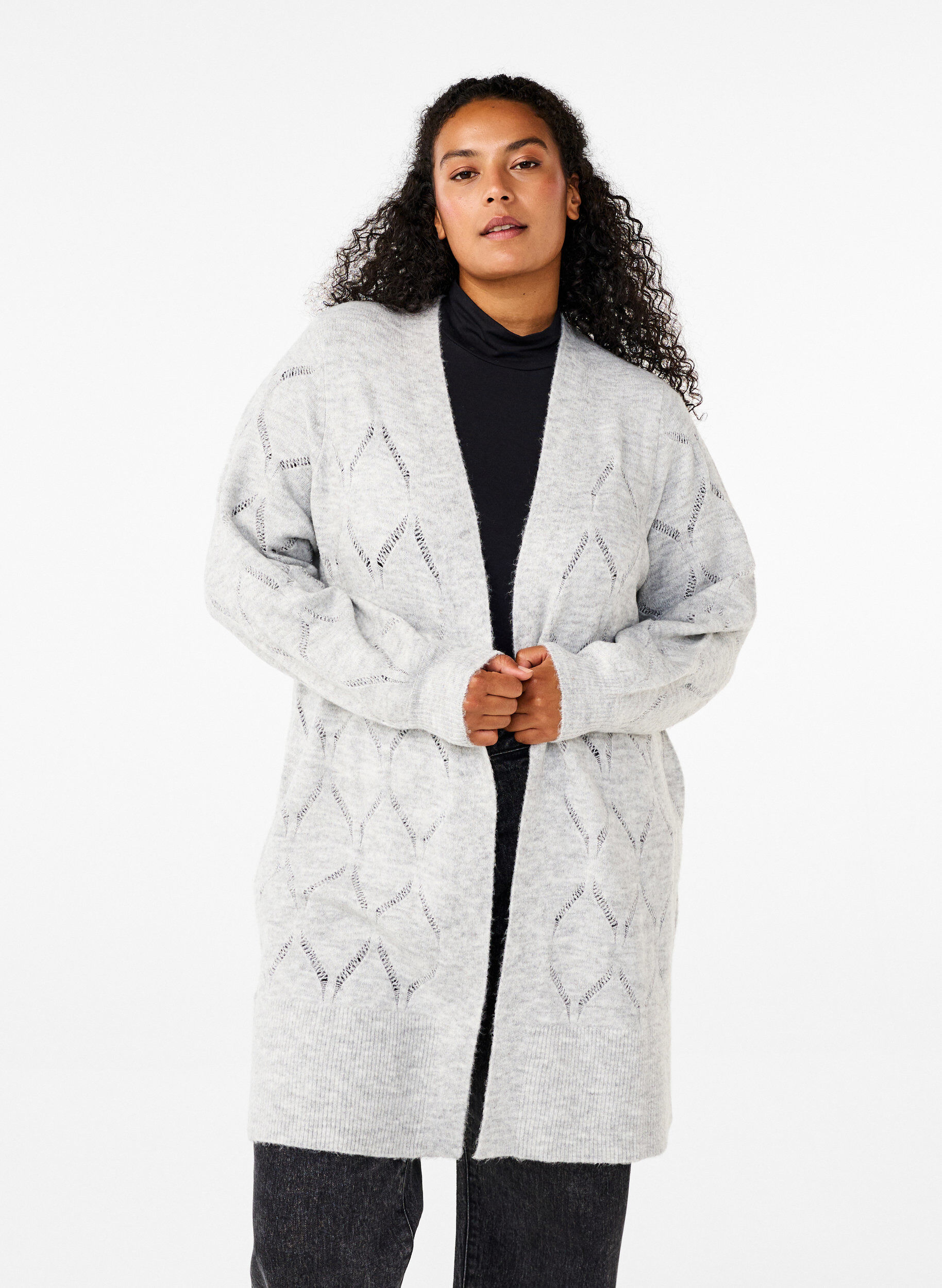 Zizzifashion Long sleeve knitted cardigan, Light Grey Melange, Model image number 0