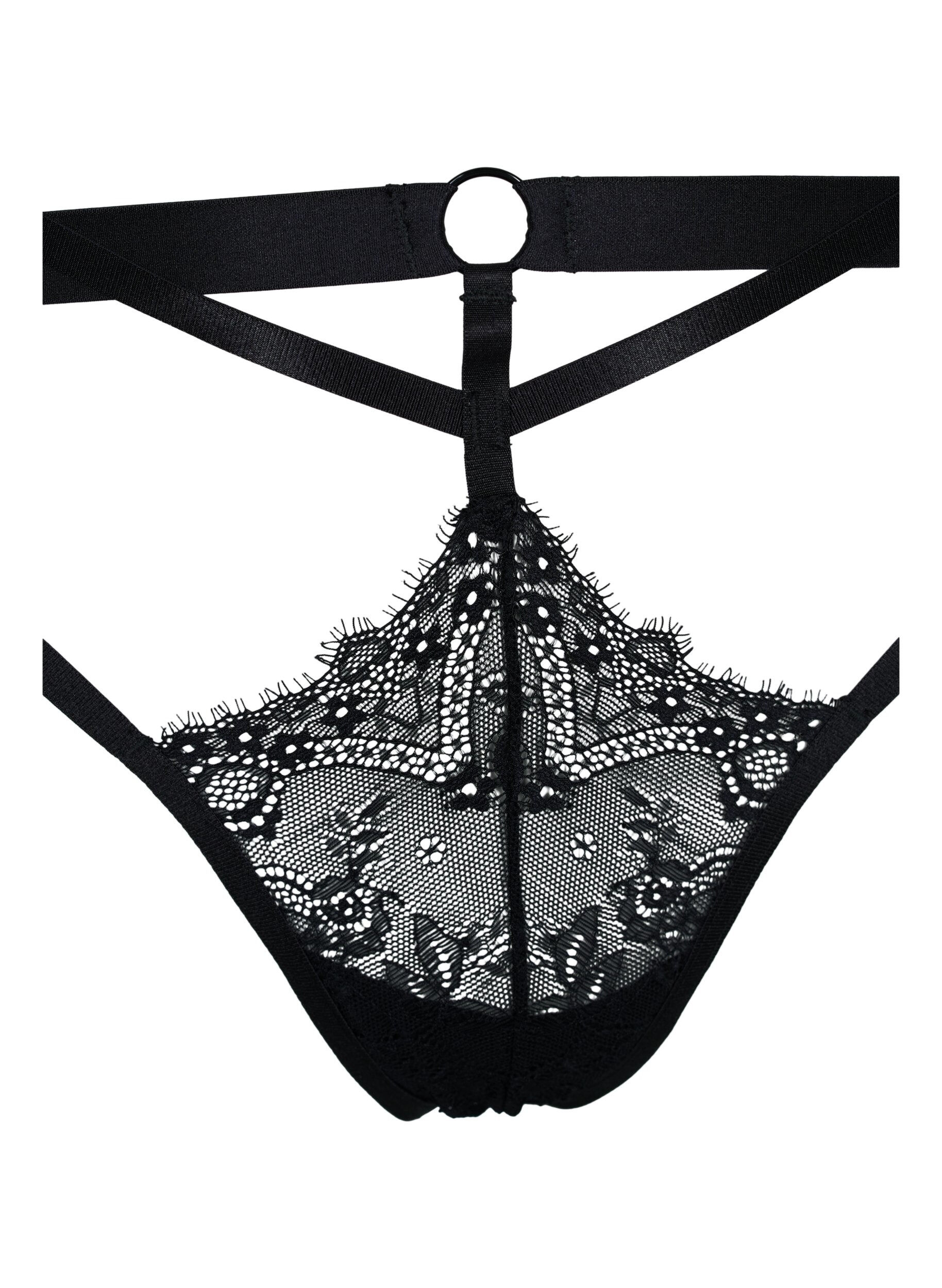 Zizzifashion Thong with string details and lace, Black, Packshot image number 2