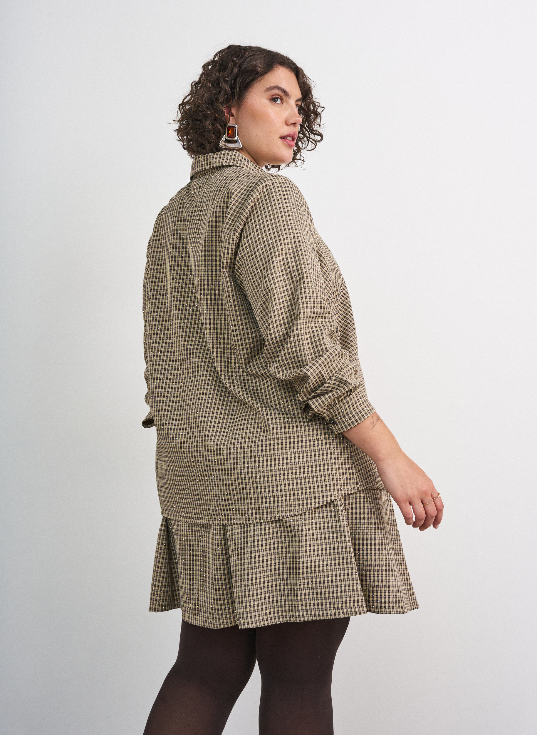 ZizzifashionShirt with small check pattern and rhinestones, Brown, Model image number 2
