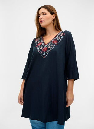 Viscose tunic with 3/4 length sleeves and embroidery, Navy Blazer, Model image number 0