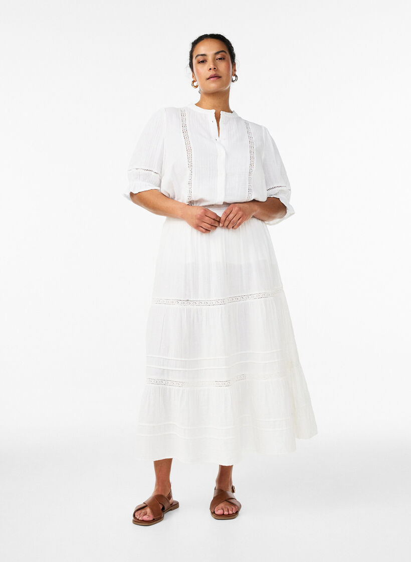 A-line midi skirt in cotton muslin with crochet band, White, Model image number 0