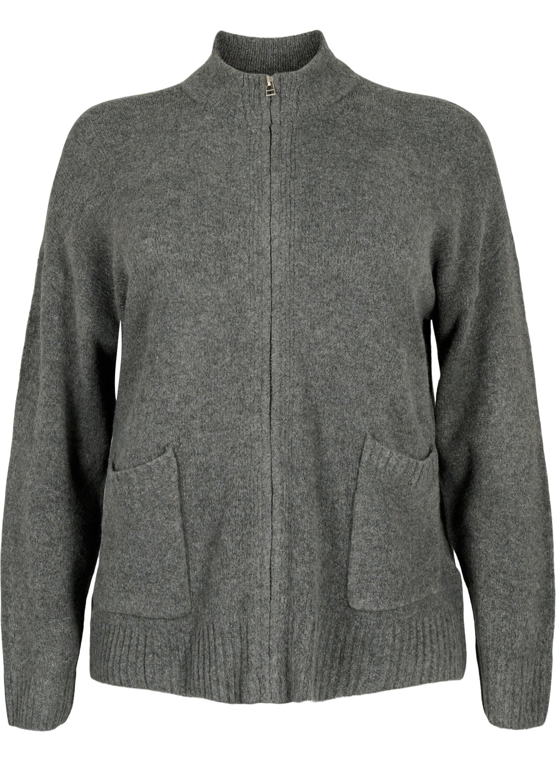Zizzifashion Knitted cardigan with zipper and pockets, Dark Grey Melange, Packshot image number 0
