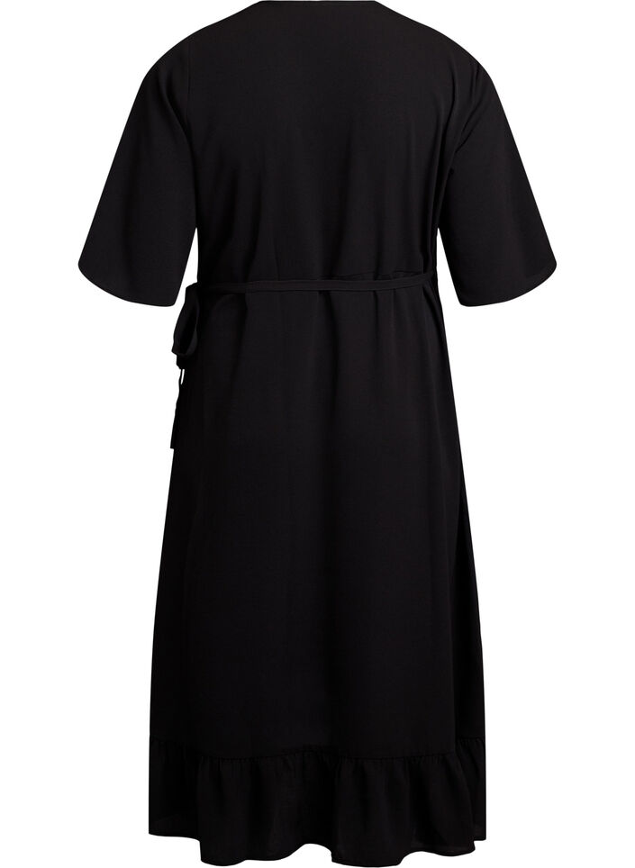 Solid coloured wrap dress with short sleeves, Black, Packshot image number 1