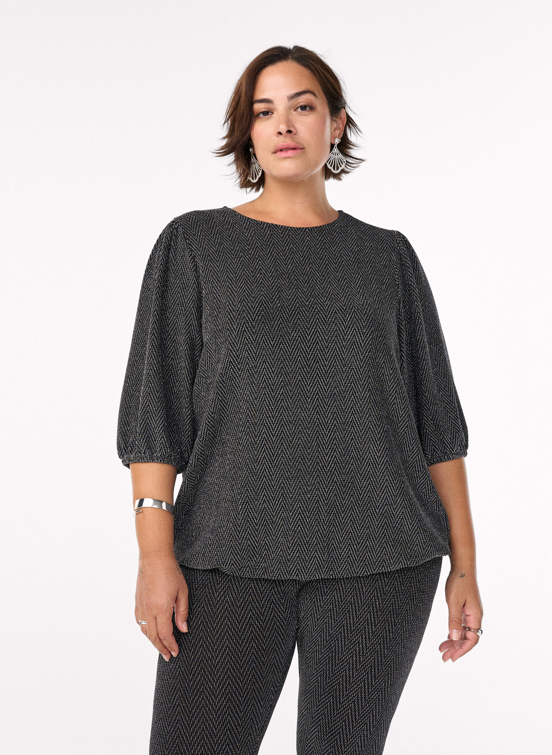 Blouse with glitter pattern and 3/4 sleeves, Black, Model