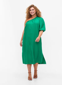 One-shoulder dress in viscose, Deep Mint, Model