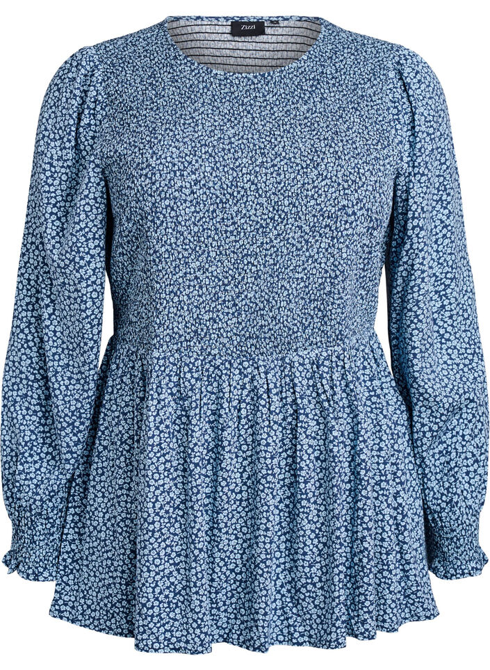 Blouse with smocked top and floral print, Blue, Packshot image number 0