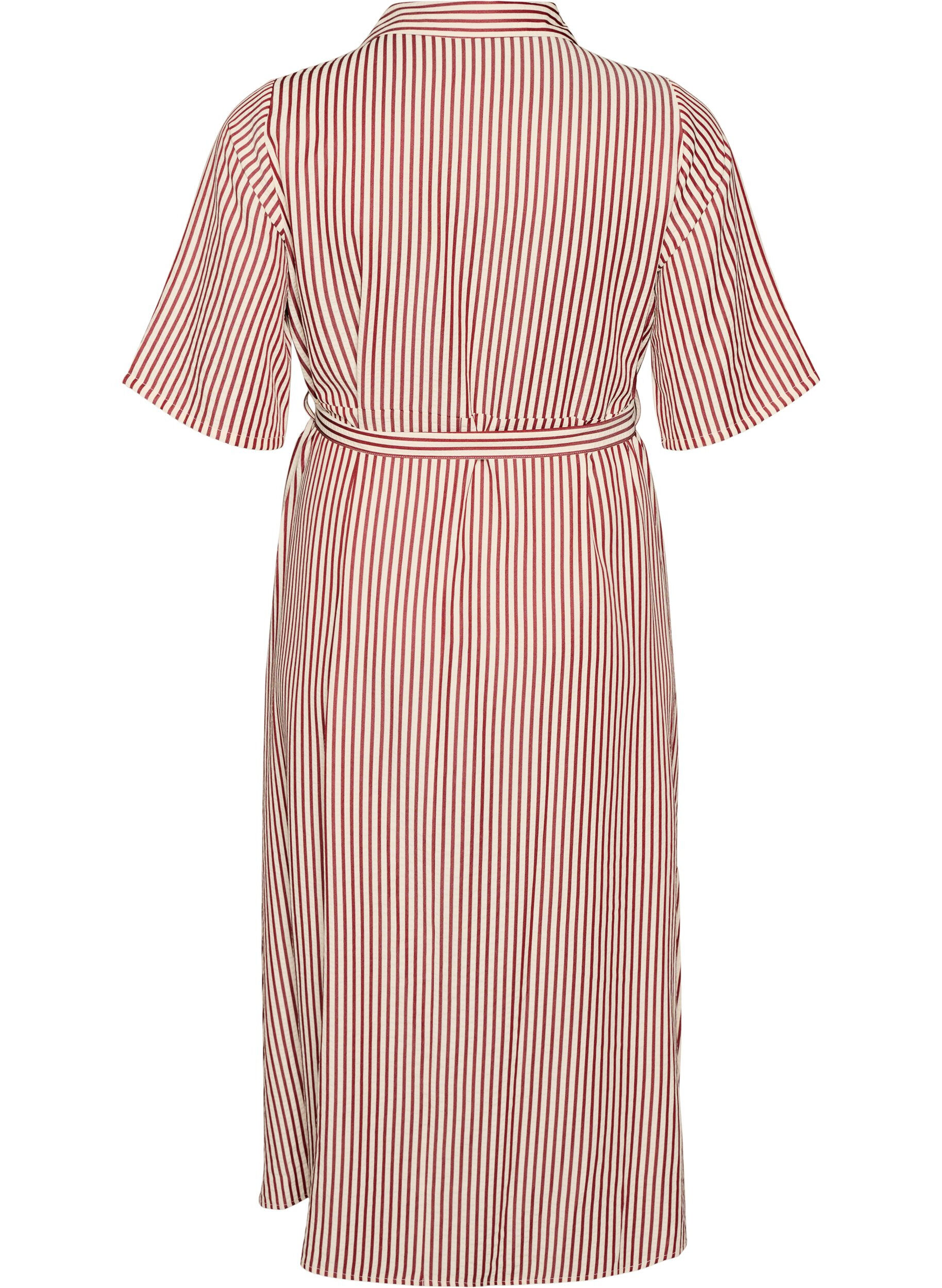 Zizzifashion Ankle-length shirt dress with tie belt and stripes, Red, Packshot image number 1