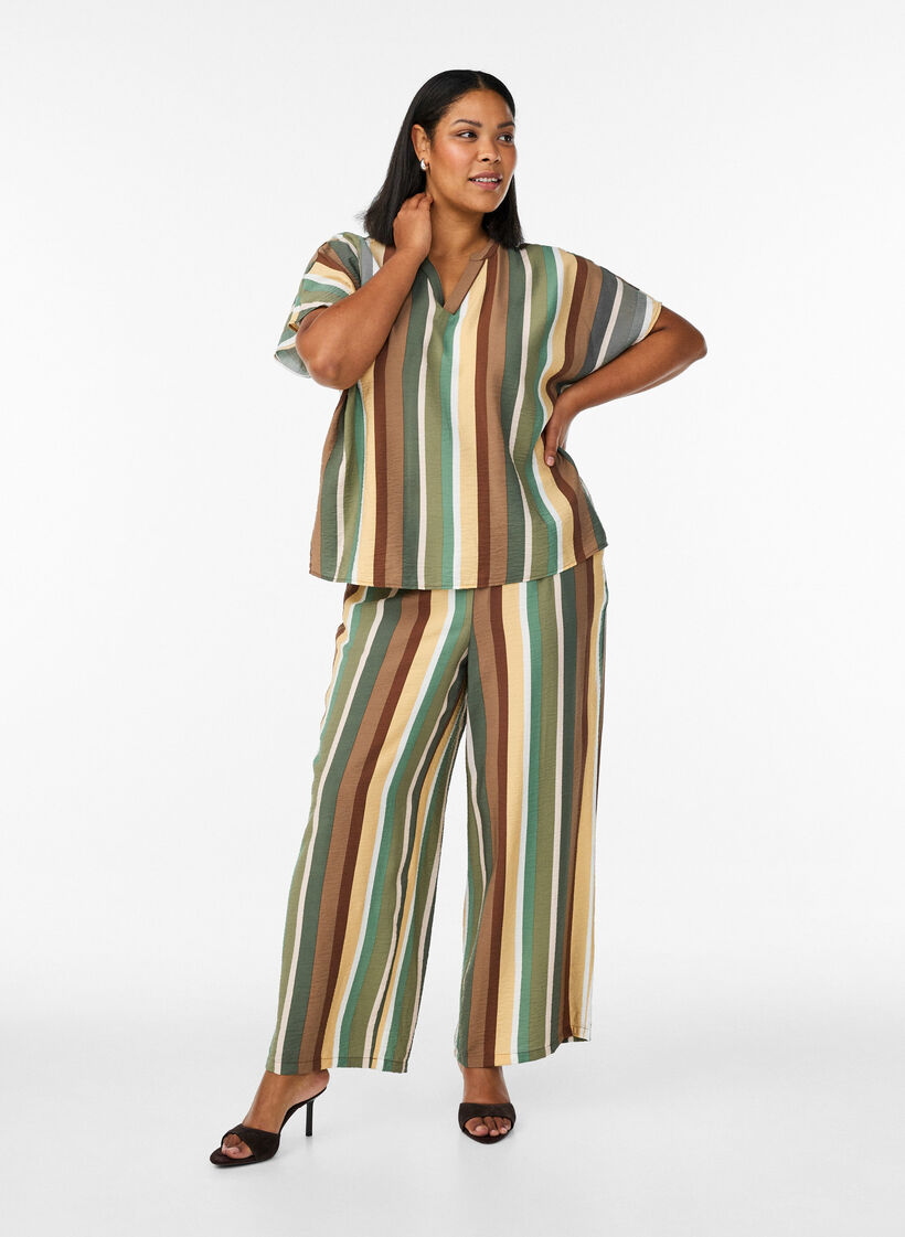 Striped viscose blouse with short sleeves, Brown, Model image number 1