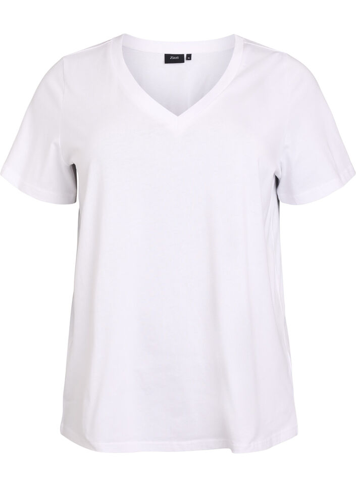 Basic cotton T-shirt with a V-neck, White, Packshot image number 0