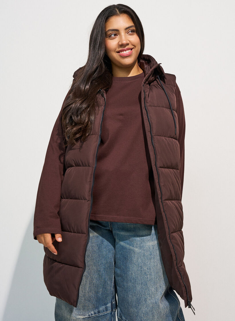 Long vest with hood and pockets, Brown, Model image number 2