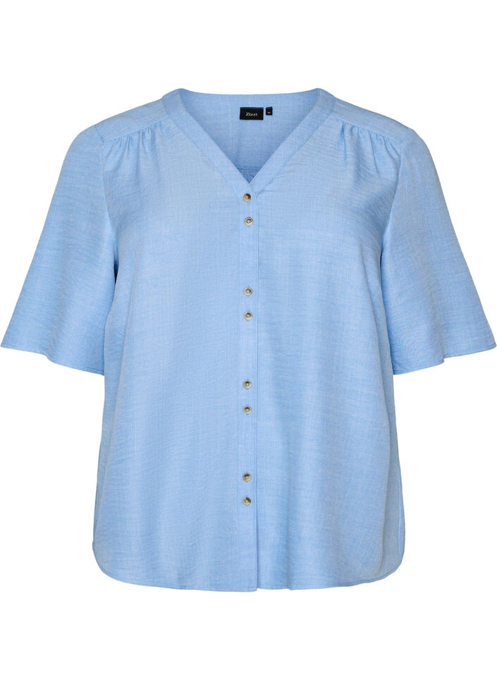 V-neck shirt blouse with short sleeves, Light Blue, Packshot image number 0